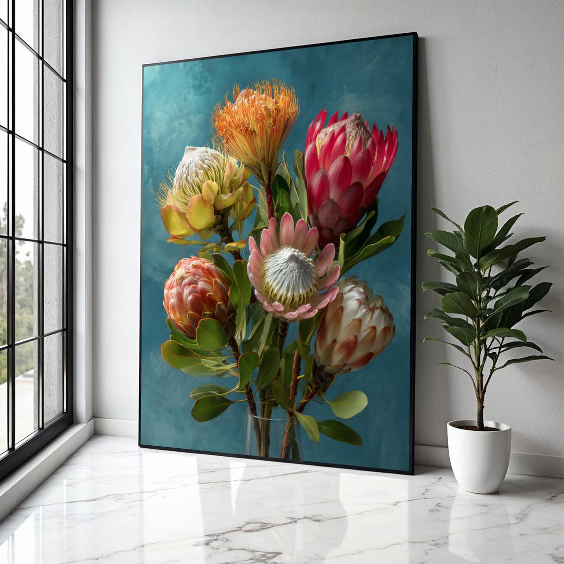 Vibrant Protea Flower Bouquet Teal Background Botanical Poster