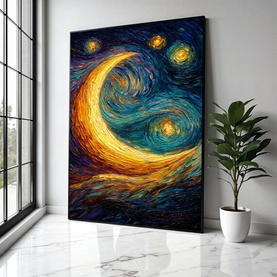 Golden Crescent Moon Swirling Starry Night Sky Oil Painting Print