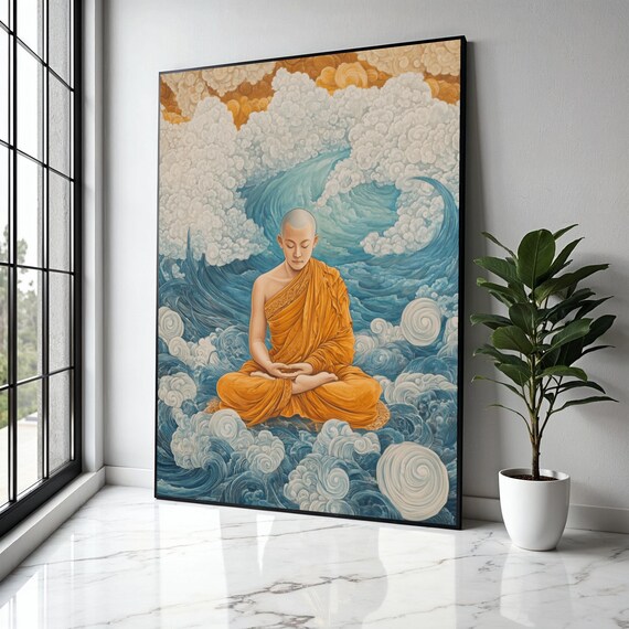 Young Monk Meditating Amid Swirling Blue Waves Clouds Art Poster