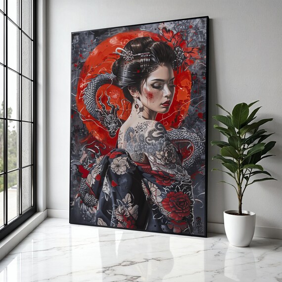 Geisha With Dragon Tattoo Canvas Wall Art Japanese Woman Portrait Red And Black Floral Kimono Asian Culture Gift Home Decor Print