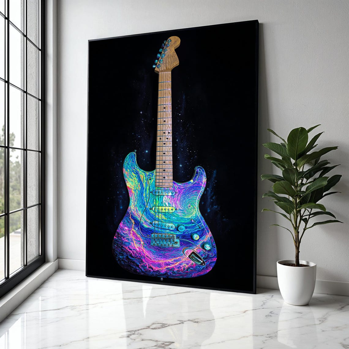 Neon Galaxy Electric Guitar Psychedelic Rock Music Starry Art Poster
