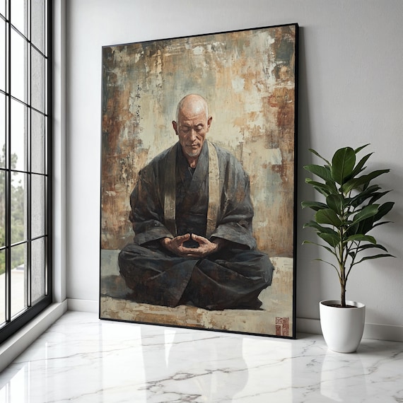 Elderly Monk Meditating Gray Robe Vintage Zen Painting Poster