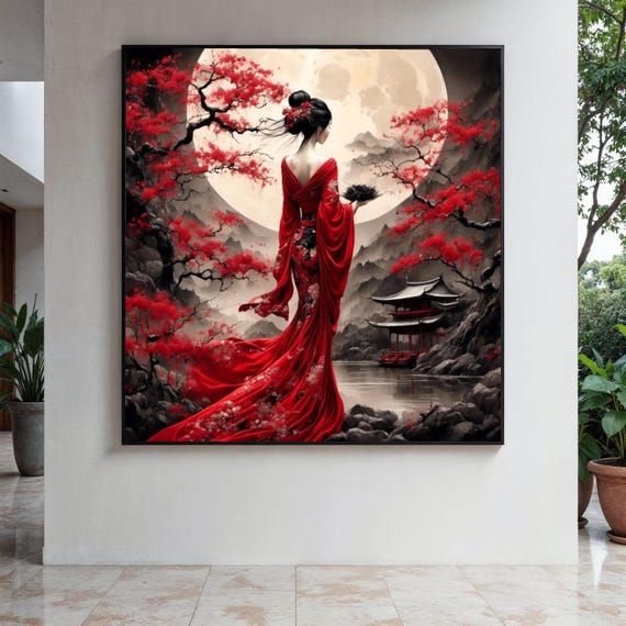 Elegant Geisha In Red Kimono Art Print