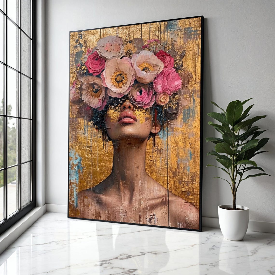 Woman with Blooming Floral Crown on Gold Elegant Surreal Art Poster