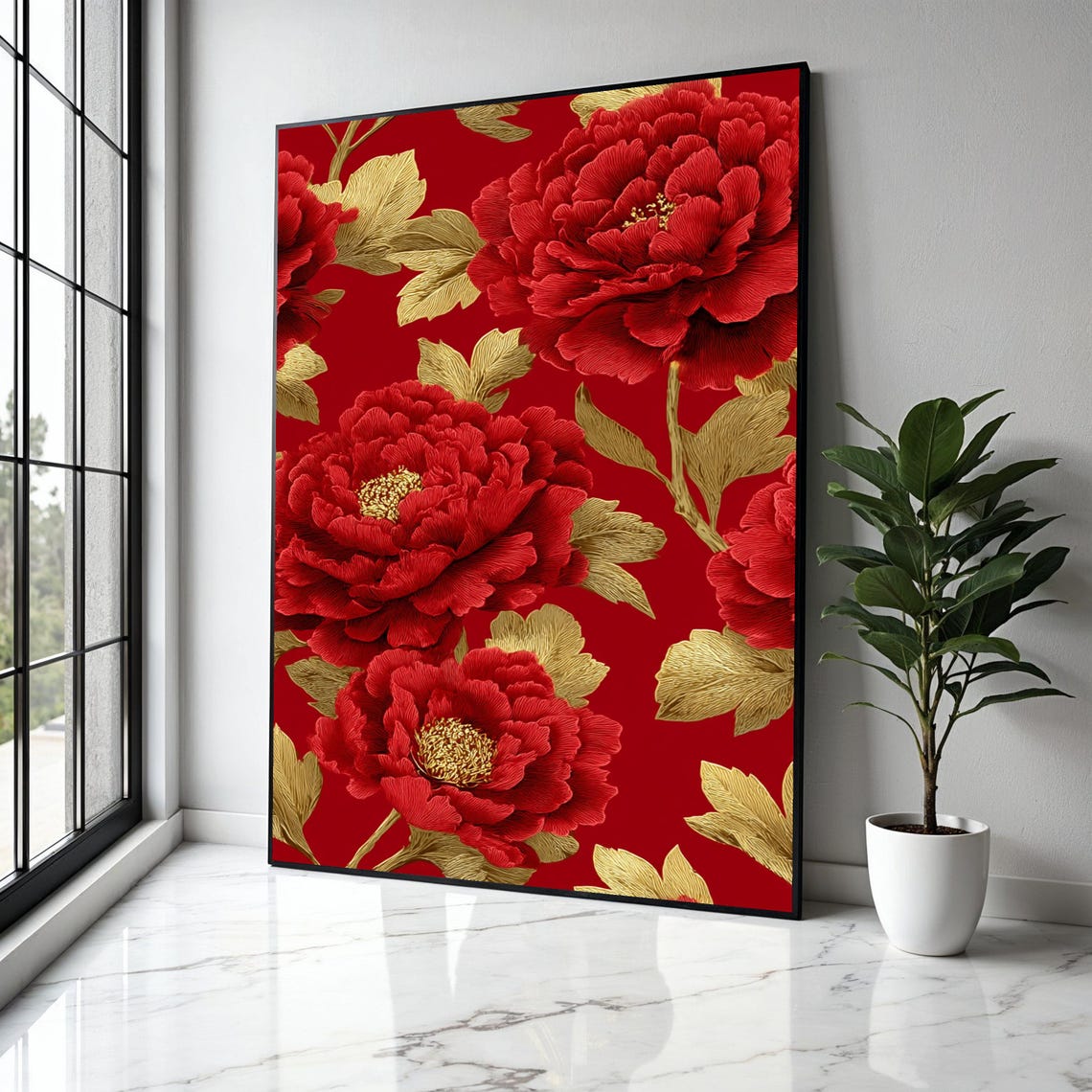 Luxurious Red Peony Blooms With Golden Leaves Floral Art Poster