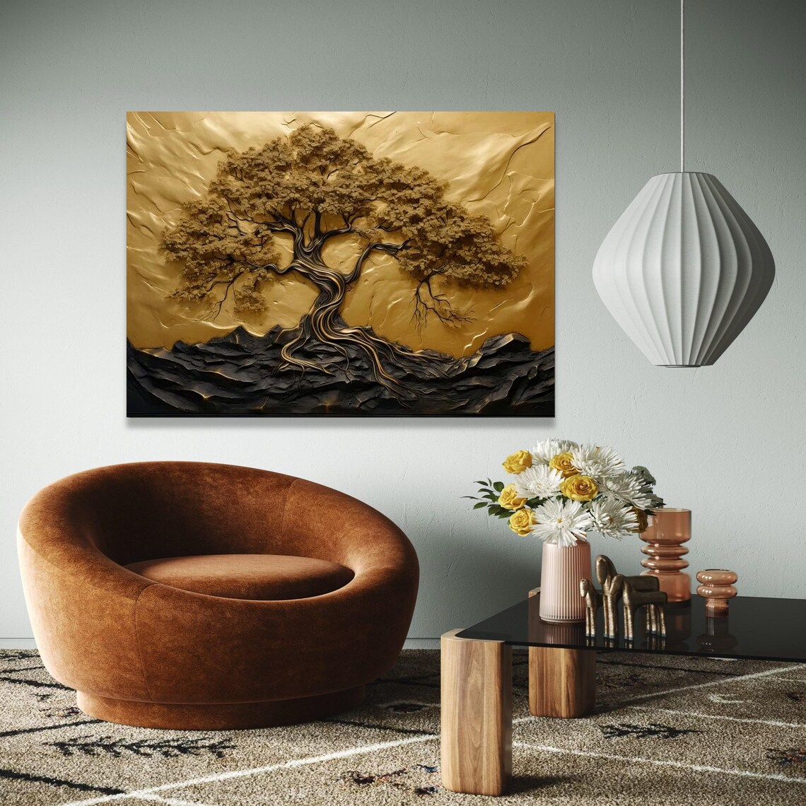 Golden Tree of Life Textured Relief Sculptural Metallic Art Poster