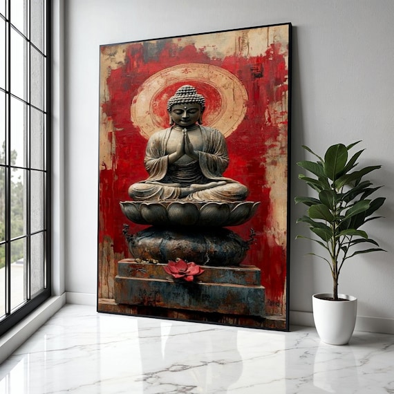 Meditating Buddha Statue Seated on Lotus Flower With Red Halo Zen Art Poster