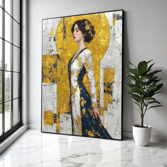 Elegant Woman Portrait Canvas Gold And Navy Abstract Dress Impasto Art Modern Figurative Wall Stylish Gift Home Decor Print