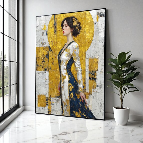 Golden Blue Gown Woman Klimt Style Gold Leaf Elegant Portrait Art Poster