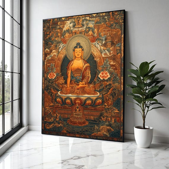 Buddha Meditation Art Traditional Asian Canvas Spiritual Wall Decor Zen Buddhist Painting Intricate Temple Gift Home Print