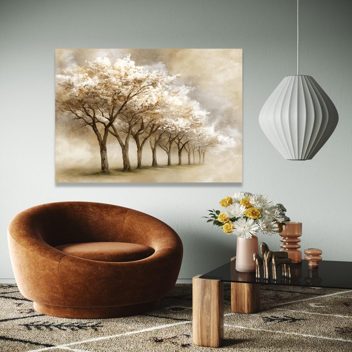 Tranquil Blossom Trees Sepia Misty Garden Landscape Painting Poster