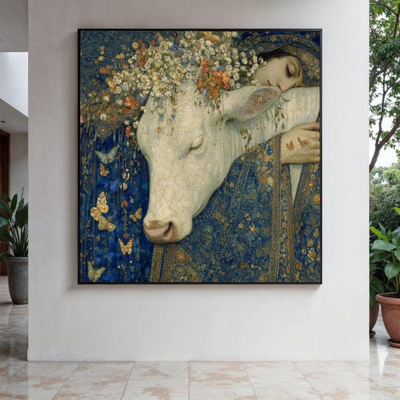 Serene Woman With White Cow Canvas Floral Crown And Butterflies Wall Art Blue Gold Ornate Home Decoration Gift Decor Print