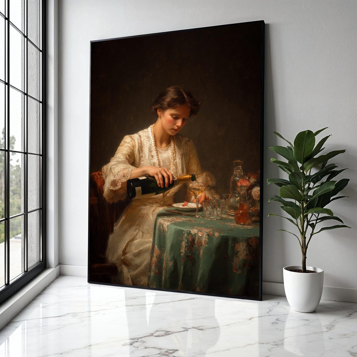 Classical Woman Pouring Wine At Candlelit Dinner Table Oil Poster
