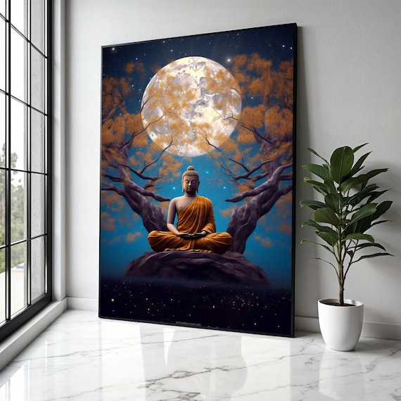 Buddha Meditating Full Moon Starry Night Orange Trees Poster