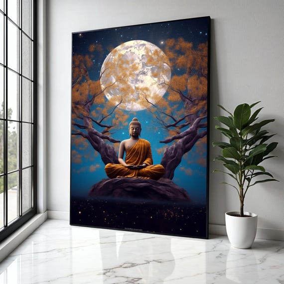 Meditating Buddha Canvas Wall Art Full Moon Night Spiritual Serenity Decor Zen Tree Landscape Tranquil Home Gift Print