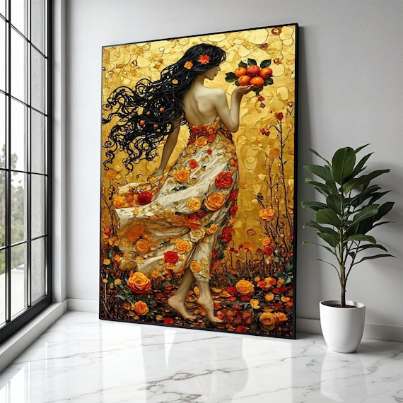 Woman With Flowing Black Hair In A Gold Flower Garden On Gold Art Poster