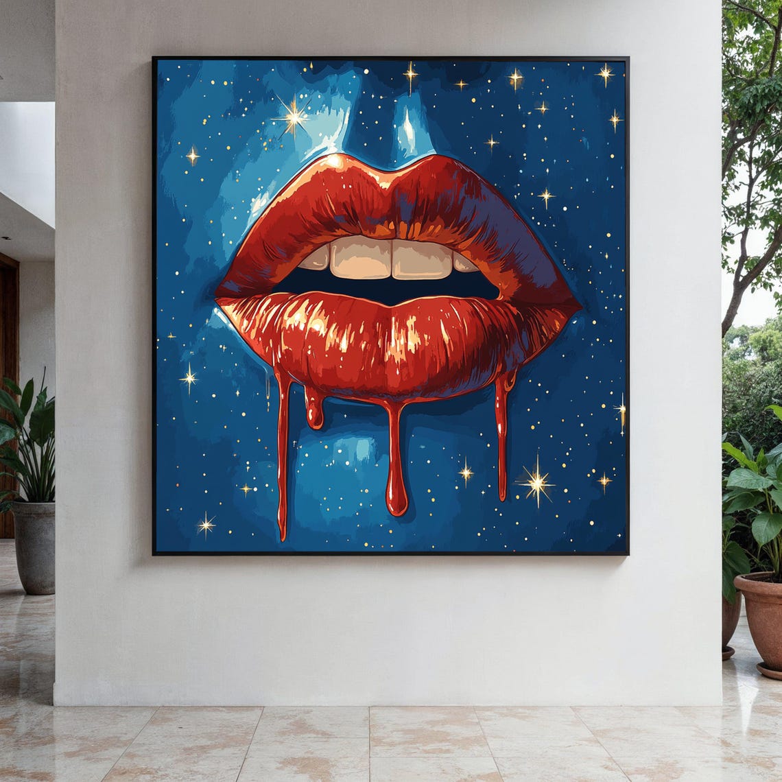 Glossy Red Lips Drip Paint Starry Midnight Blue Sky Art Poster