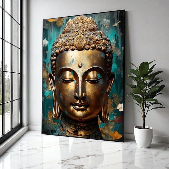 Antique Golden Buddha Head Teal Patina Ornate Crown Zen Spiritual Poster