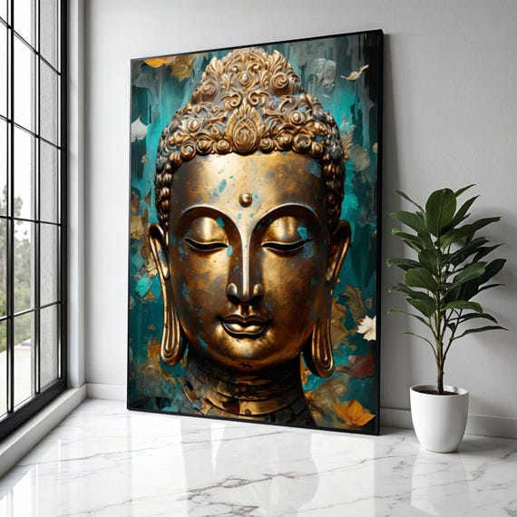 Golden Buddha Face Canvas Wall Art Zen Meditation Decor Spiritual Asian Tranquil Portrait Home Gift Print