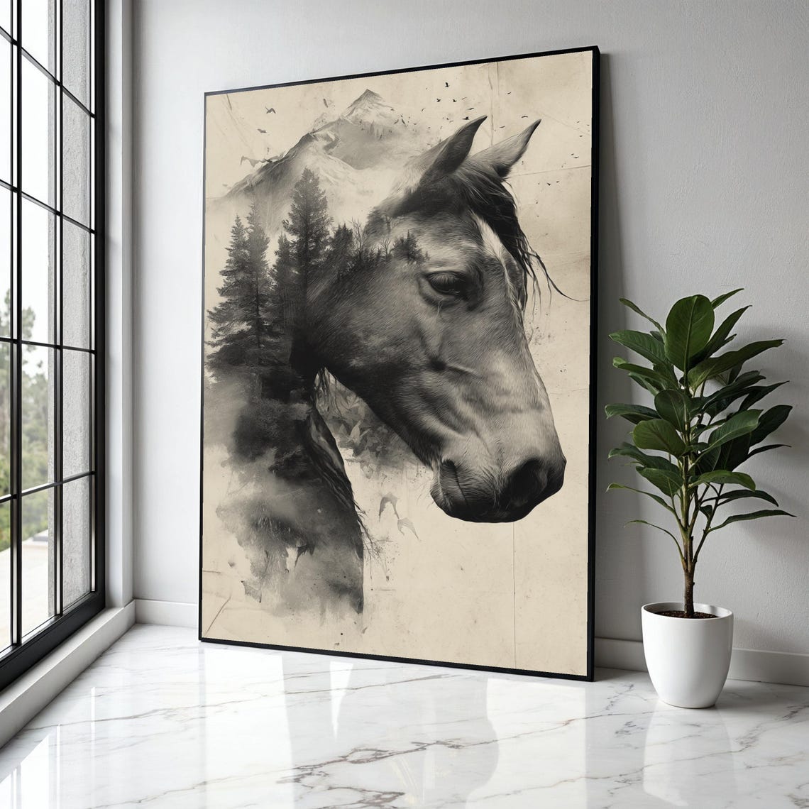 Horse Head Double Exposure With Misty Mountains And Pines Poster