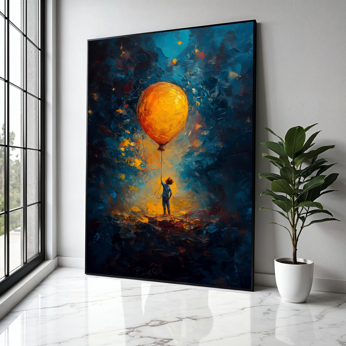 Child Holding Large Orange Balloon Abstract Art Print