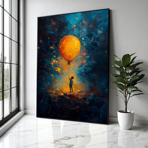 Child Holding Large Orange Balloon Abstract Art Print