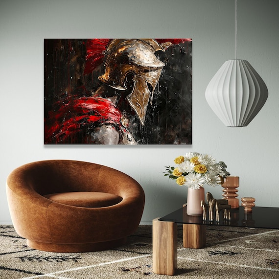 Spartan Warrior Helmet Red Crest Gold Ancient Battle Art Poster