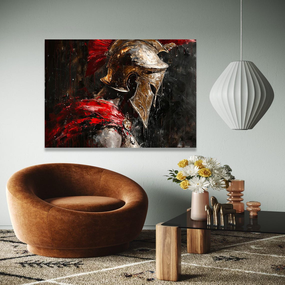Spartan Warrior Helmet Red Crest Gold Ancient Battle Art Poster