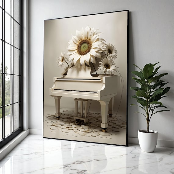 White Grand Piano With Blooming White Sunflowers Petals Poster