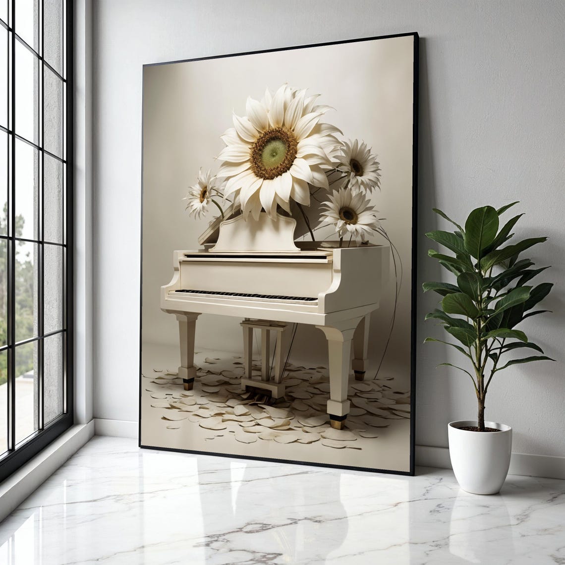 White Grand Piano With Blooming White Sunflowers Petals Poster