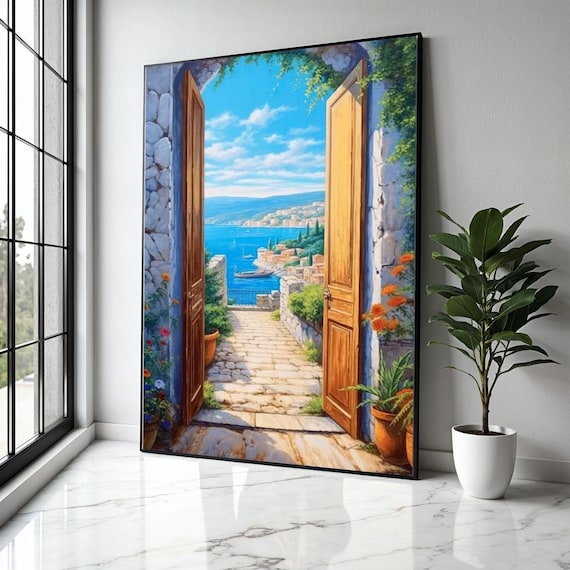 Mediterranean Seaside Door Open View Coastal Escape Art Poster
