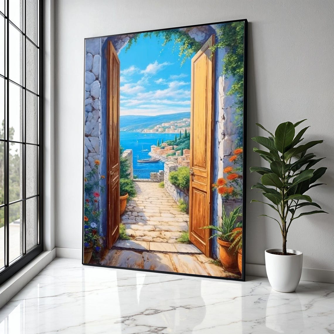 Mediterranean Seaside Door Open View Coastal Escape Art Poster