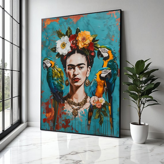Frida Inspired Portrait Canvas Wall Art Vibrant Tropical Parrots And Floral Crown Colorful Mexican Decor Gift Home Print