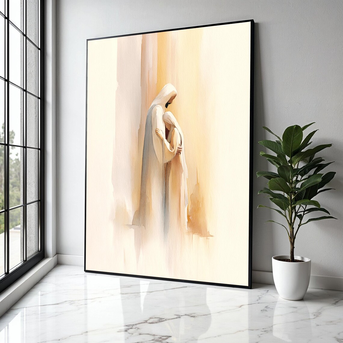 Heavenly Serene Embrace Ivory Watercolor Spiritual Art Poster