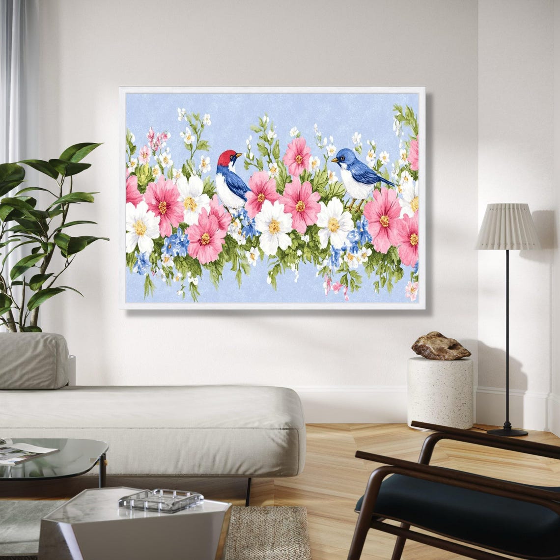 Colorful Birds Pink Flowers Blue Sky Floral Border Art Poster