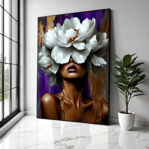 Bold Woman Portrait With White Floral Crown Canvas Abstract Face Art Modern Glam Wall Decor Purple And Gold Gift Home Print