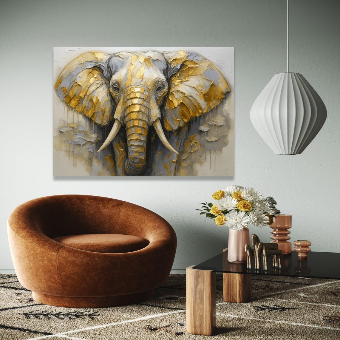 Golden Elephant Head Impasto Textured Modern Wildlife Art Poster