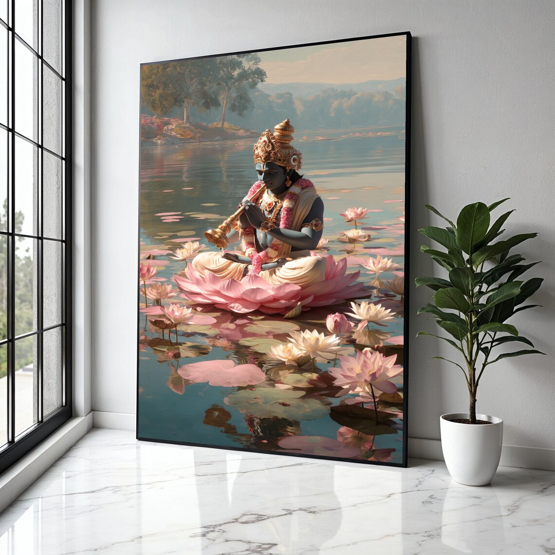Krishna Playing Flute Pink Lotus Flower Pond Divine Hindu Art Poster