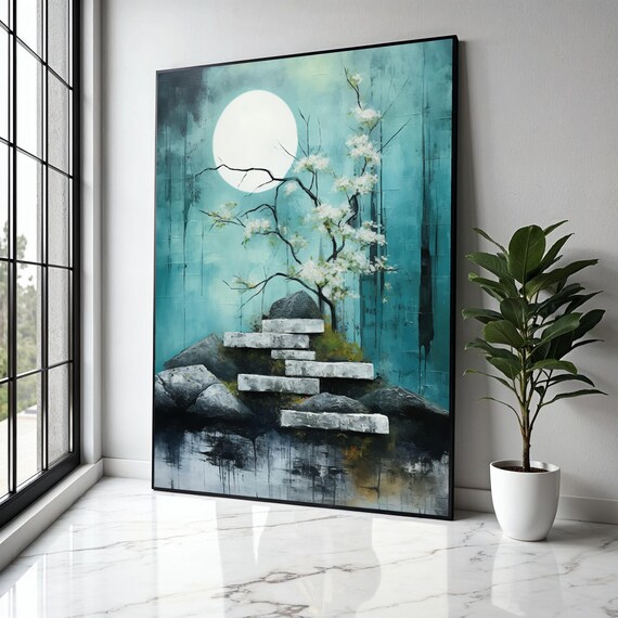 Moonlit Blossom Tree Stone Steps Teal Nightscape Zen Art Poster