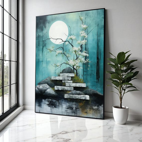 Tranquil Moonlit Garden Canvas Cherry Blossom Tree Wall Art Zen Rock Stairs Painting Serene Nature Landscape Gift Home Decor Print