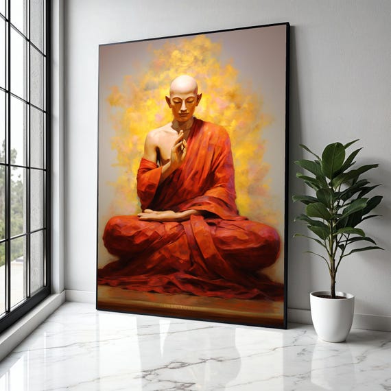 Serene Meditating Buddha Canvas Wall Art Spiritual Meditation Decor Zen Buddhist Monk Painting Peaceful Home Gift Print