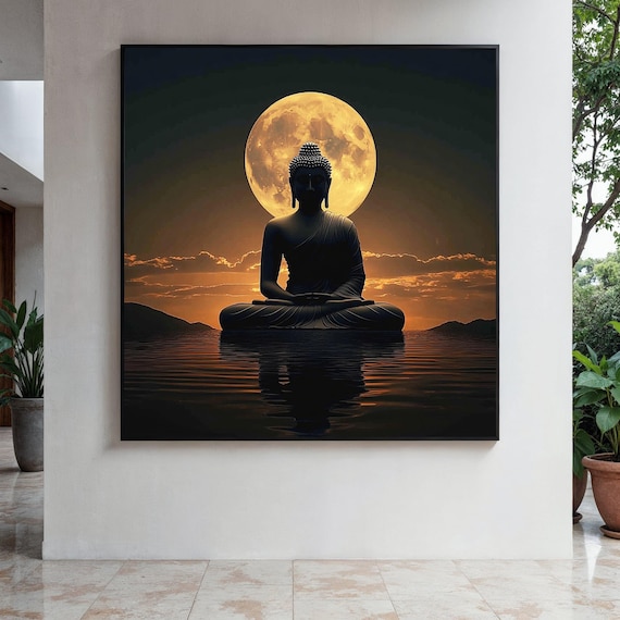 Buddha Silhouette Golden Moon Sunset Water Meditation Art Poster