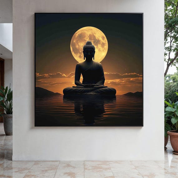 Meditative Buddha Silhouette Canvas Full Moon Wall Art Spiritual Zen Decor Tranquil Evening Scene Calm Water Gift Home Print