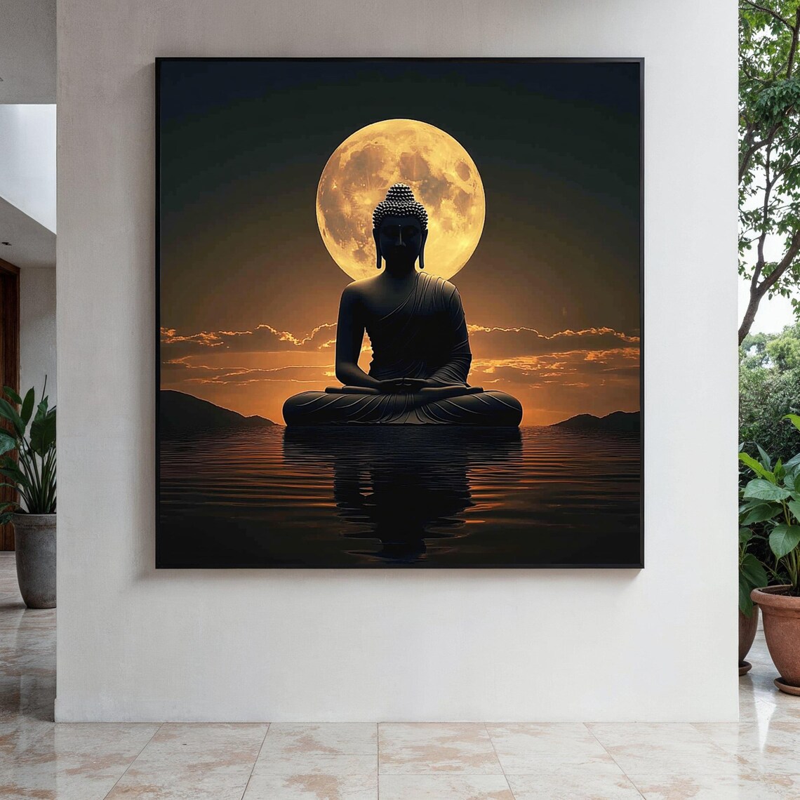 Buddha Silhouette Golden Moon Sunset Water Meditation Art Poster