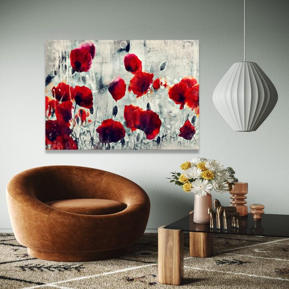 Abstract Red Poppies Canvas Modern Floral Wall Art Flower Painting Bold And Gray Home Decor Ready To Gift Print