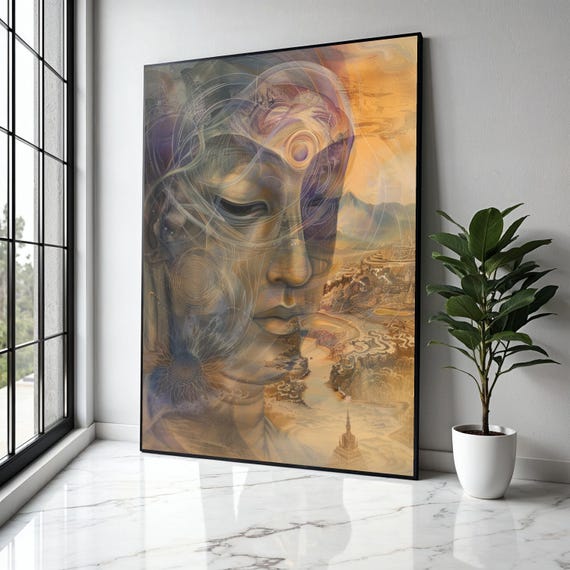 Serene Buddha Face Canvas Spiritual Abstract Wall Art Meditation Decor Tranquil Zen Mystical Gift Home Print