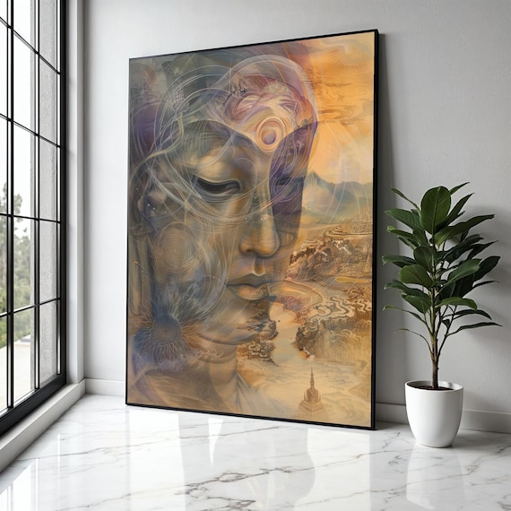 Surreal Golden Buddha Face Abstract Meditation Spiritual Art Poster