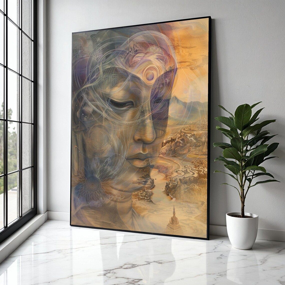 Surreal Golden Buddha Face Abstract Meditation Spiritual Art Poster