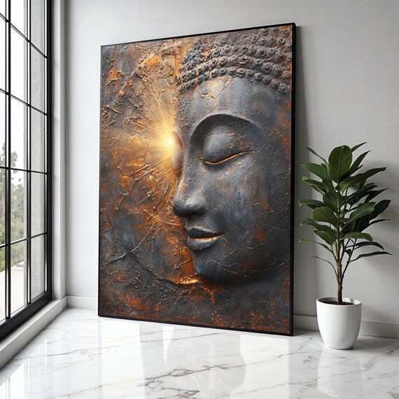 Buddha Face Golden Halo Stone Sculpture Meditation Art Poster