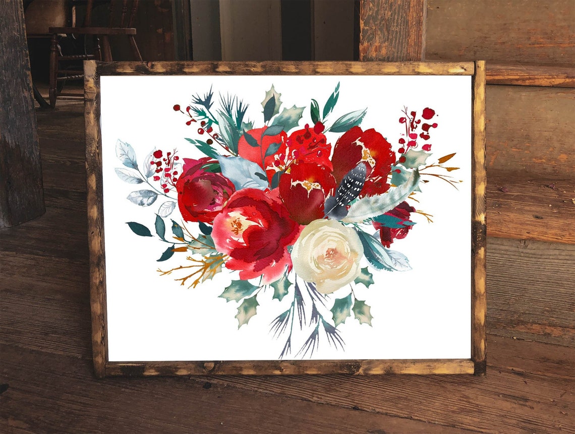 Winter Red Roses and White Bloom Floral Bouquet Holiday Wall Art - Image 2